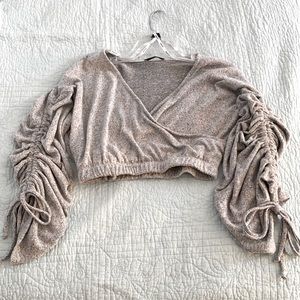 Soft comfy grey crop top with ruffled long sleeves
